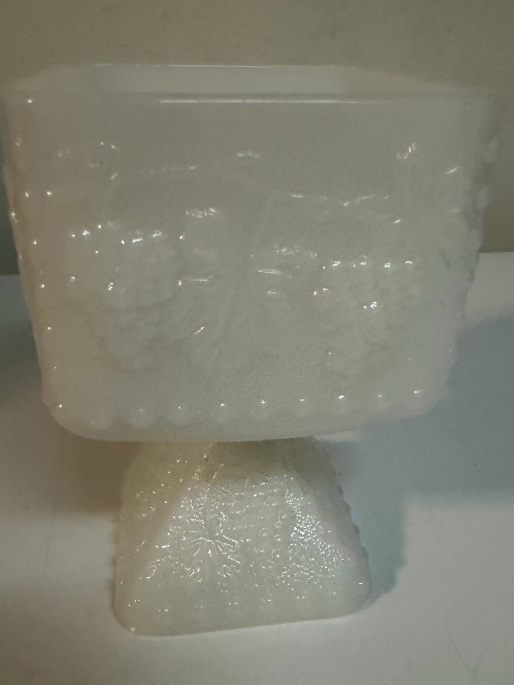 Milk Glass Vintage Paneled Grape Square Pedestal Compote Candy Dish 5.5”